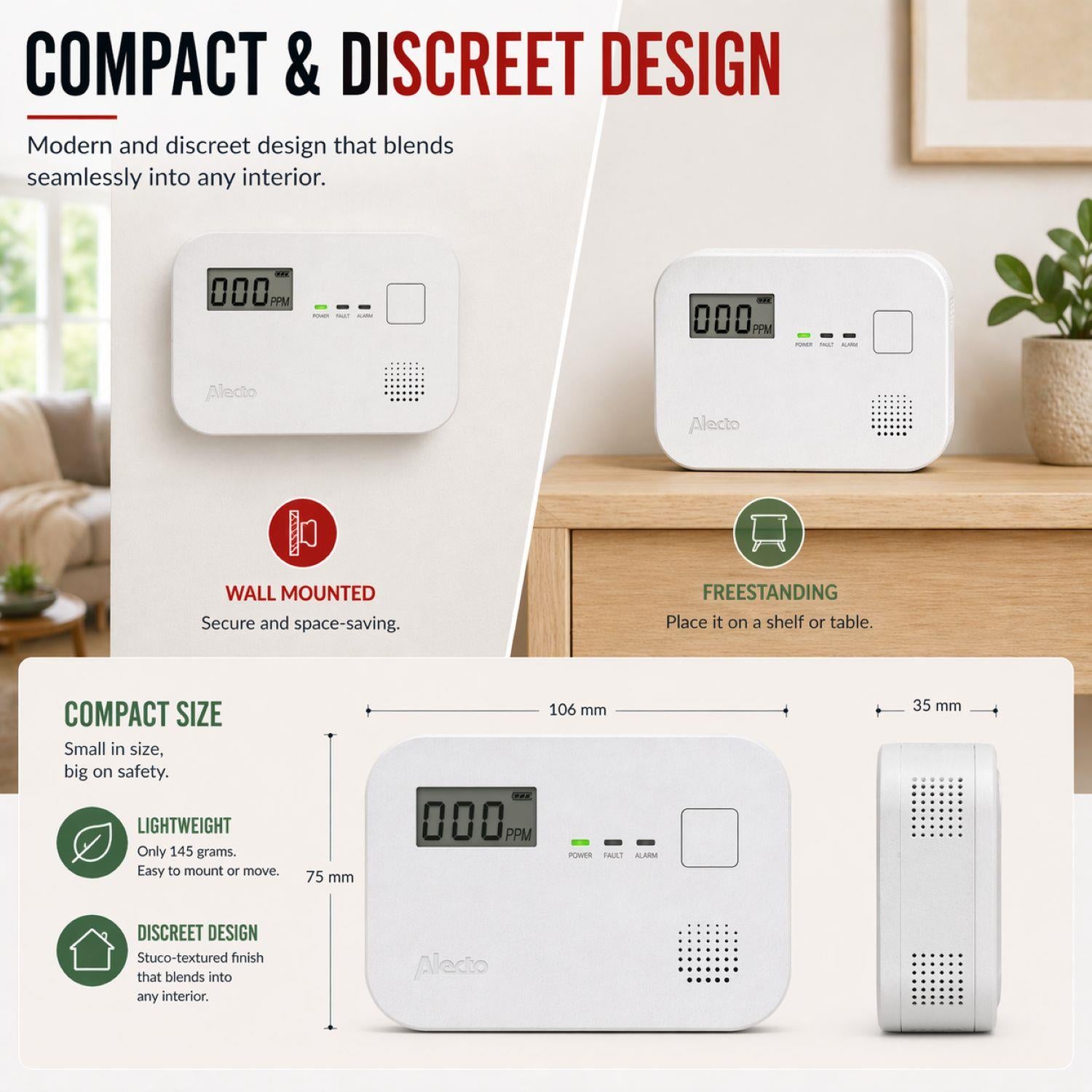Alecto COA3910 Carbon monoxide Alarm with 10 year Sensor Runtime & LCD Display | EN50291-1:20180 | White