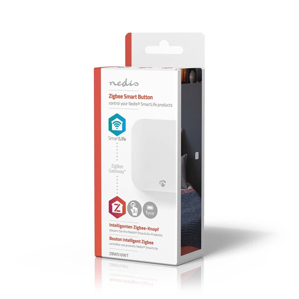 Nedis Smartlife Zigbee Wall Switch, Single Button 3 Programmable Commands, 50 x 50 x 14 mm, Battery Powered, Wireless Control - Compatible with Nedis Smartlife Gateway