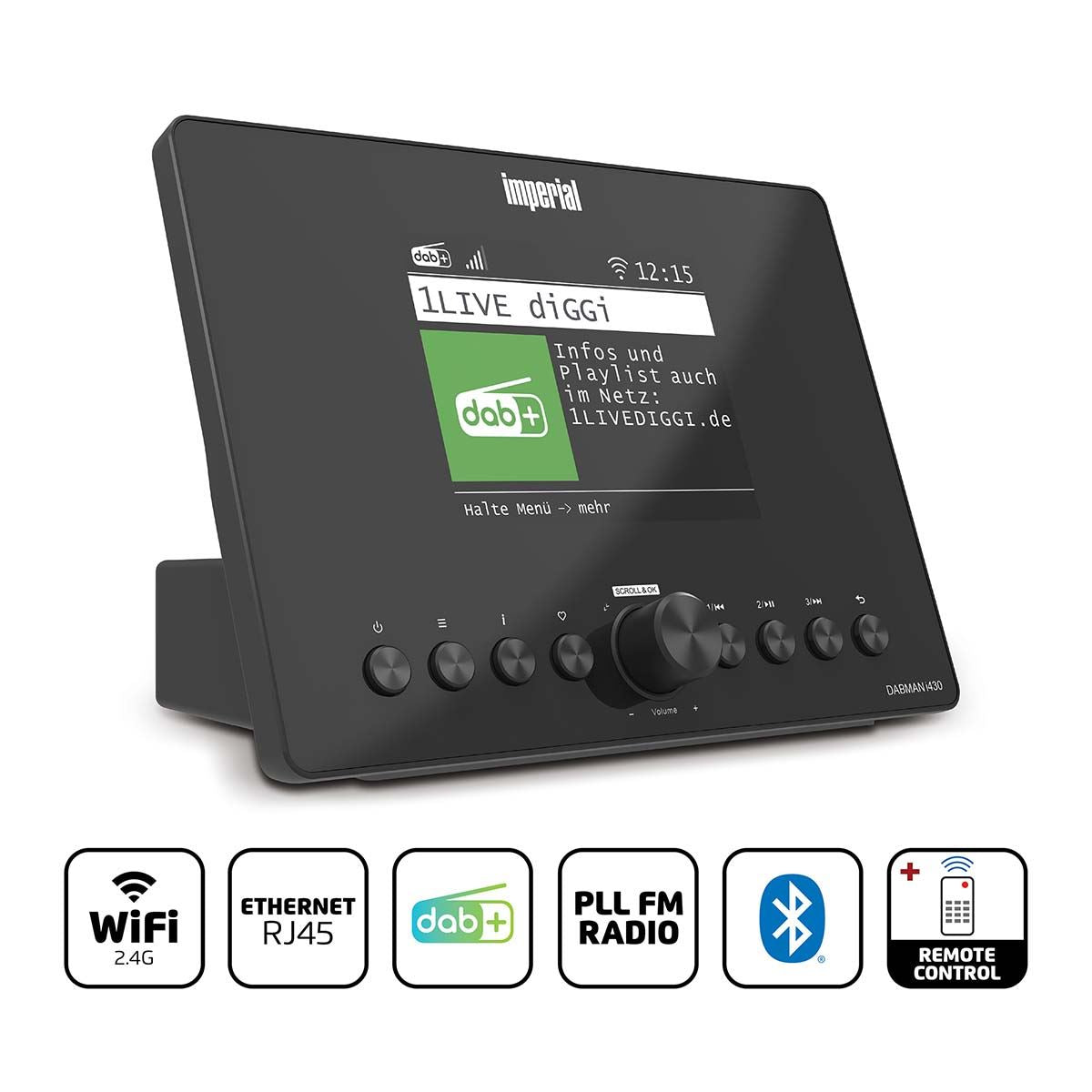 Imperial DABMAN i430BK Hybrid Radio Adapter - DAB+ FM Internet Radio, Bluetooth Transmit & Receive, WiFi Ethernet, 3.2 Inch Display, Streaming Services