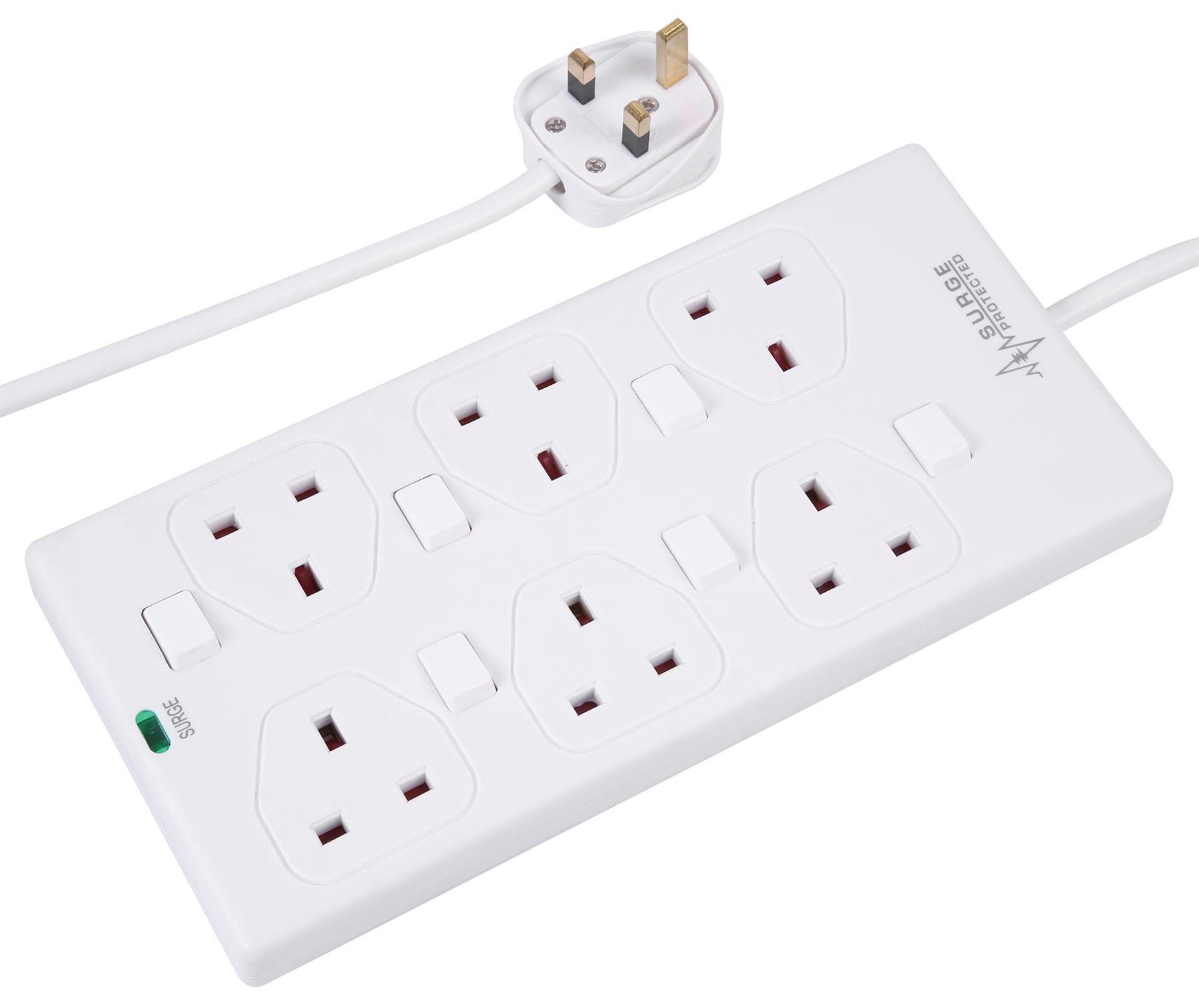 6 Gang 2m Mains Extension Lead Socket Individually Switched 13A with Surge Potection - White