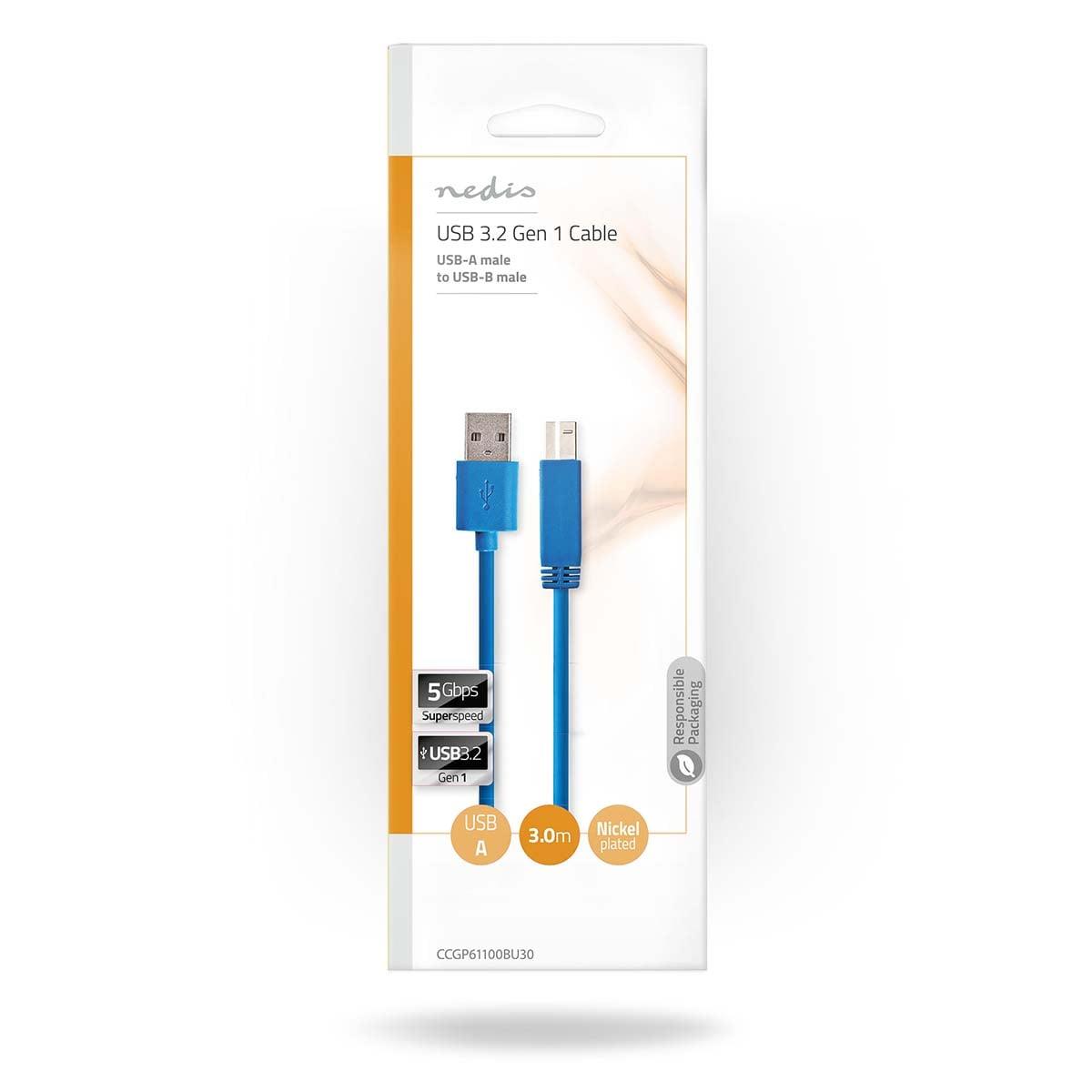 Nedis USB Cable | USB 3.2 Gen 1 | USB-A Male | USB-B Male | 5 Gbps | Nickel Plated | 3.00 m | Round | PVC | Blue | Envelope