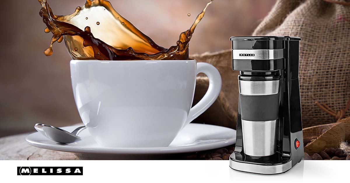 Butler Single Serve Coffee Maker with 400ml Travel Mug, Double Wall Insulated, Stainless Steel, with Reusable Filter