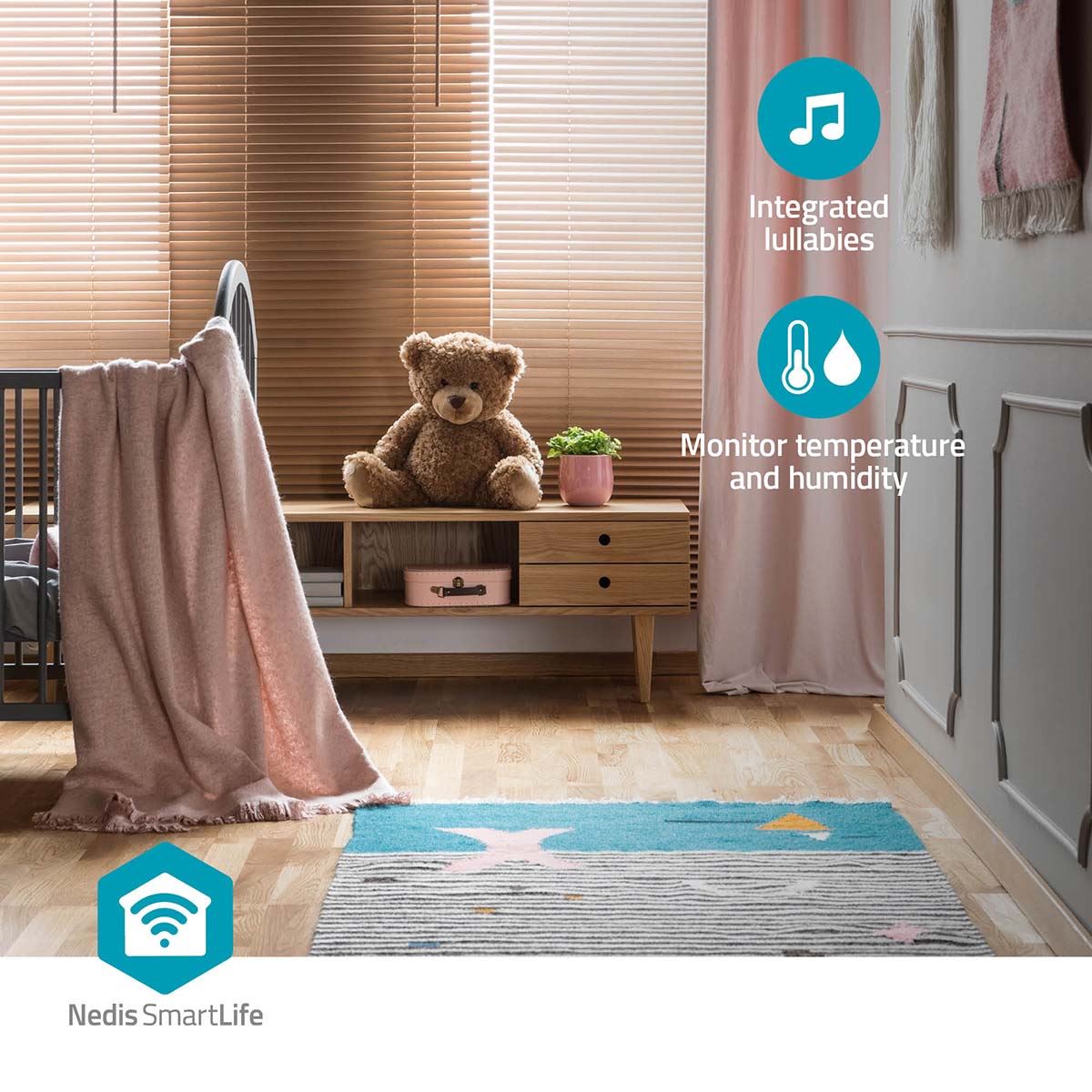 Nedis Smart Wifi Baby Monitor, Indoor Camera Full HD 1080p, Night Vision, PTZ, Motion & Sound Detection, 2-Way Audio, Humidity & Temperature Sensor, App Control - White/Grey