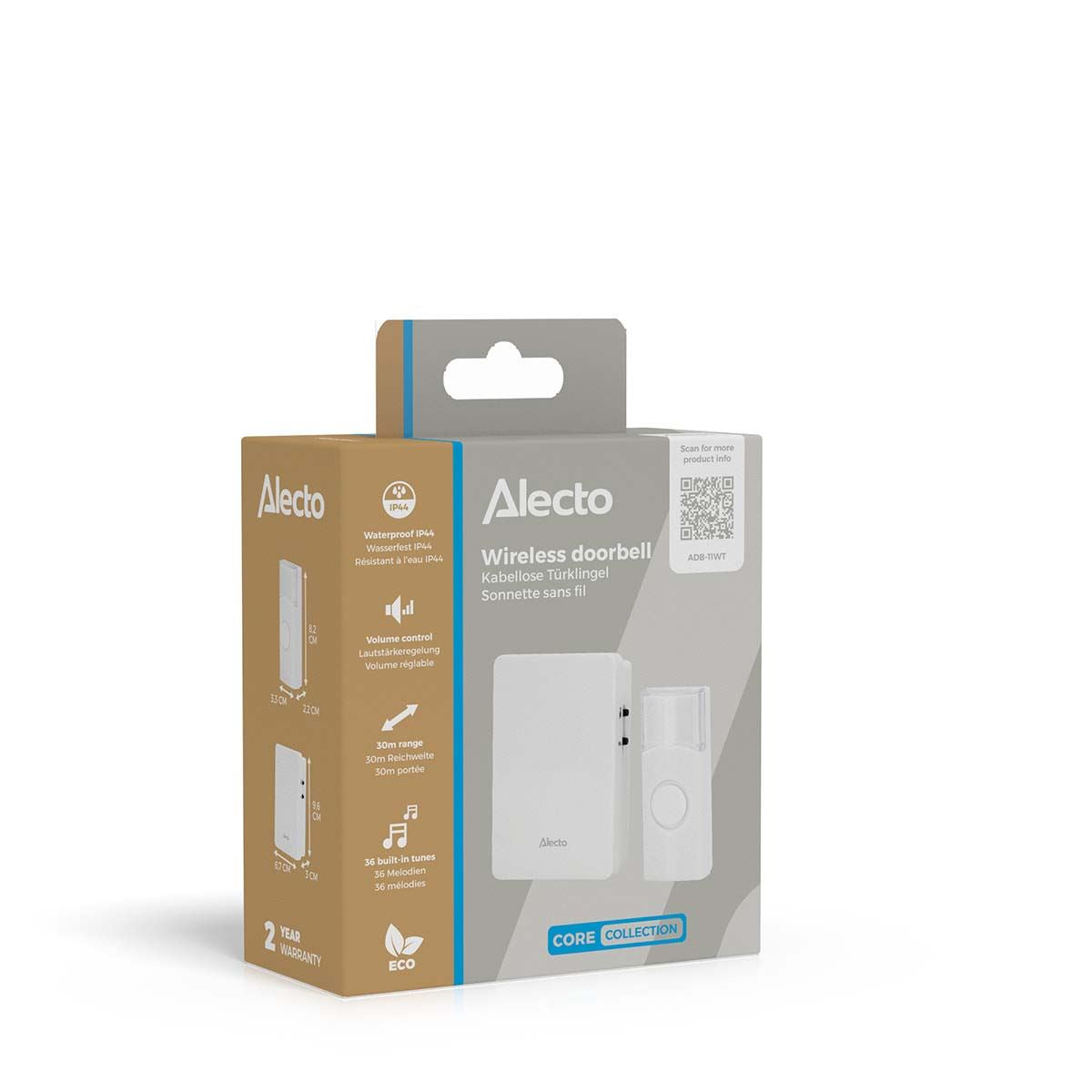 Alecto Wireless Doorbell, Splash-Proof IP44, 30m Long Wireless Range, 36 Chimes, Battery Powered, Volume Adjustable Door Bells Wireless Cordless (White)