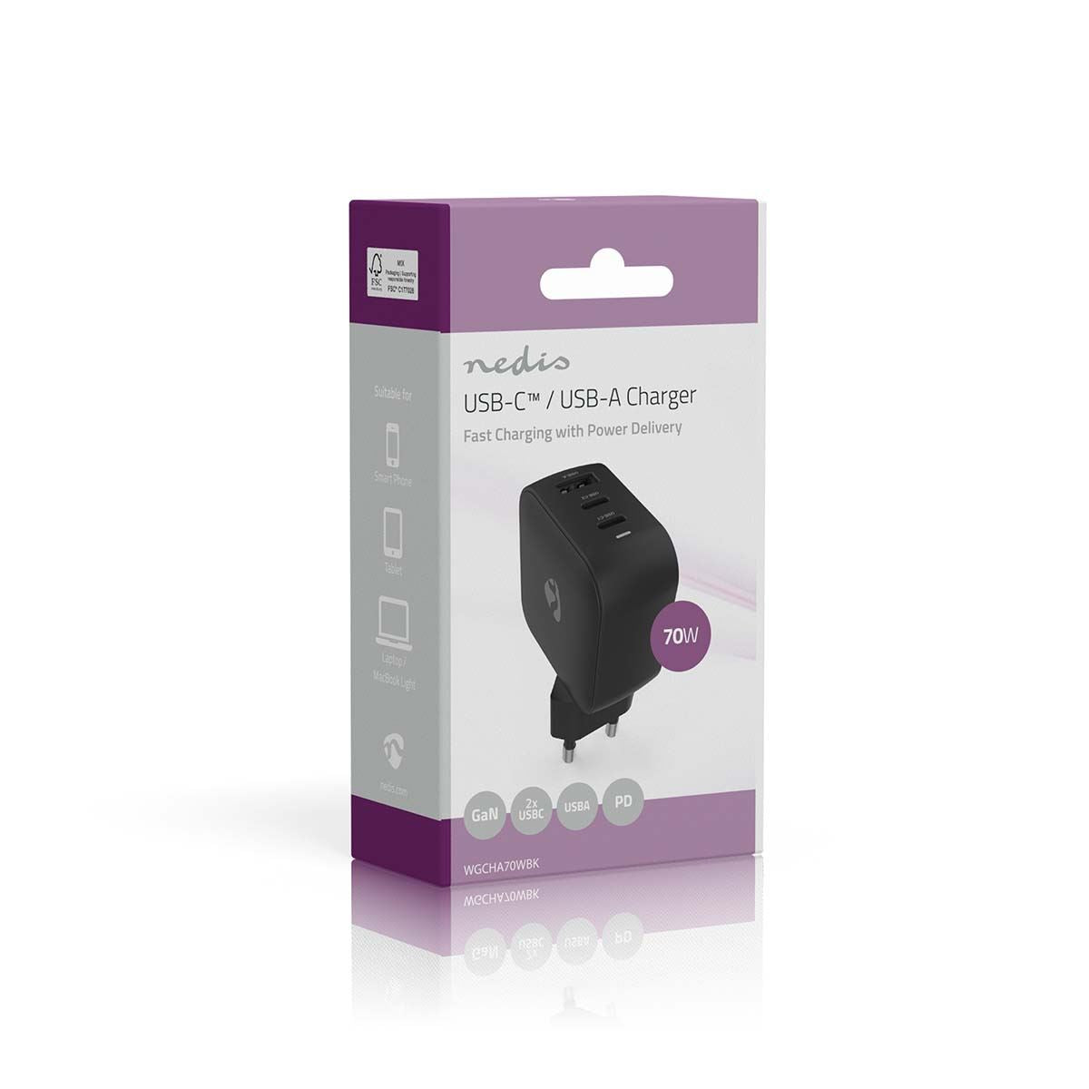 Nedis EU Euro Travel Wall Charger | 70 W | GaN | PD3.0 | Quick charge feature | 1.5 / 2.25 / 2.5 / 3.0 / 3.5 A | Number of outputs: 3 | USB-A / 2x USB-C™ | Automatic Voltage Selection | Black