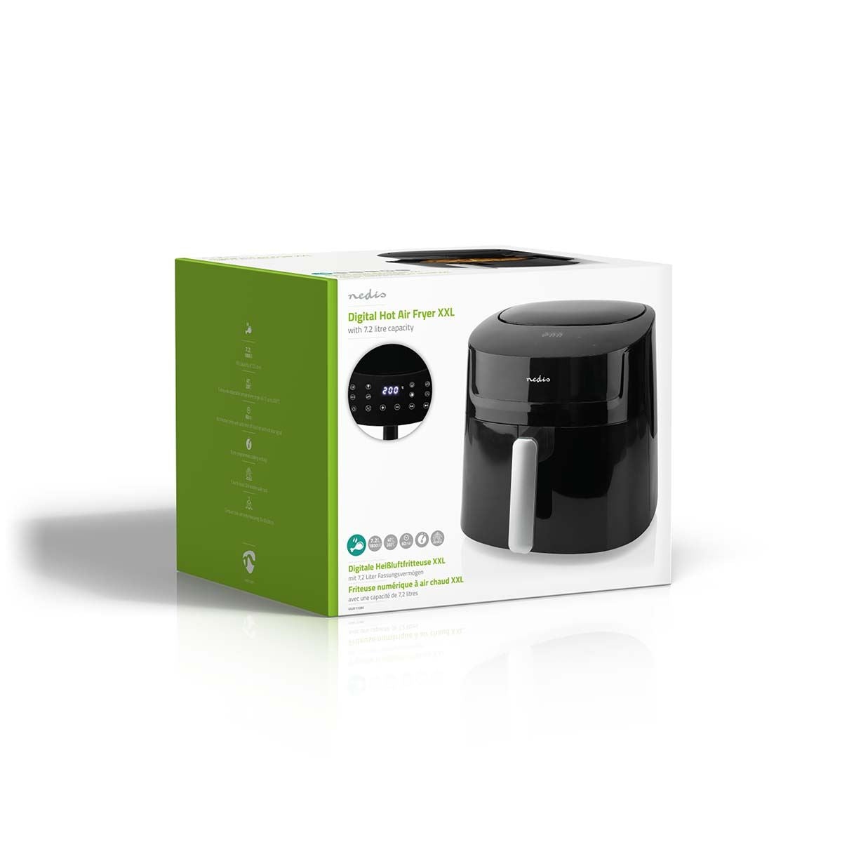 Nedis 7.2L Hot Air Fryer XXL for Healthy Low Fat Cooking, with Adjustable Temperature, Digital Display Control, 8 Presets and 60 Minute Timer, 1800W - Black