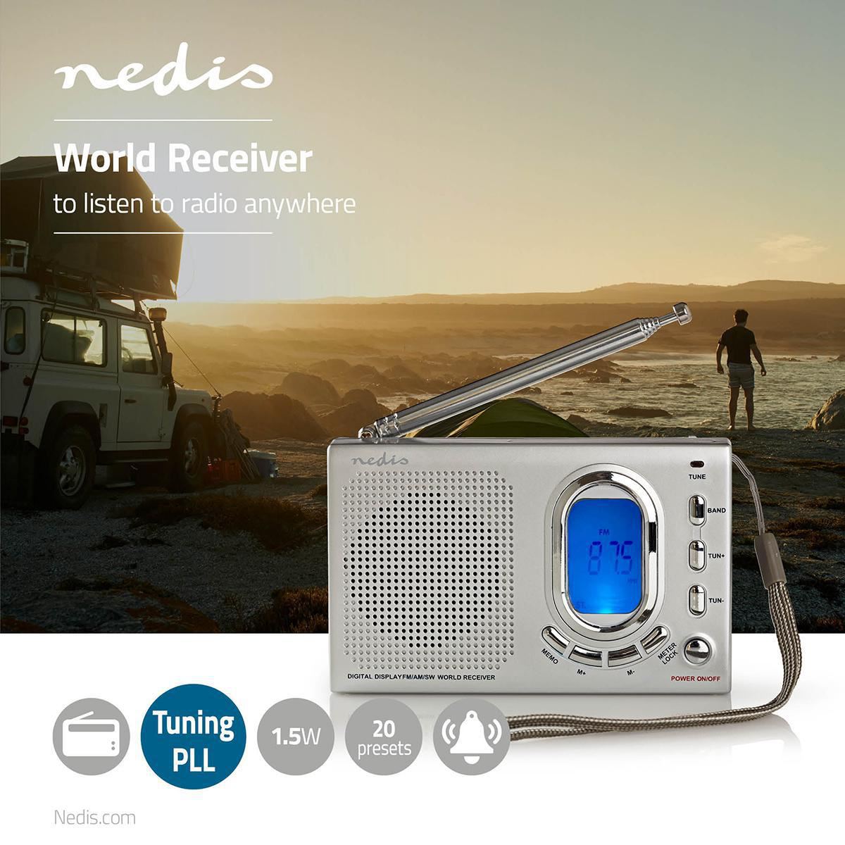Nedis World Receiver Radio | Portable Design | AM / FM / SW | Battery Powered / Mains Powered | Digital | 1.5 W | Headphone output | Alarm clock | Sleep timer | Grey
