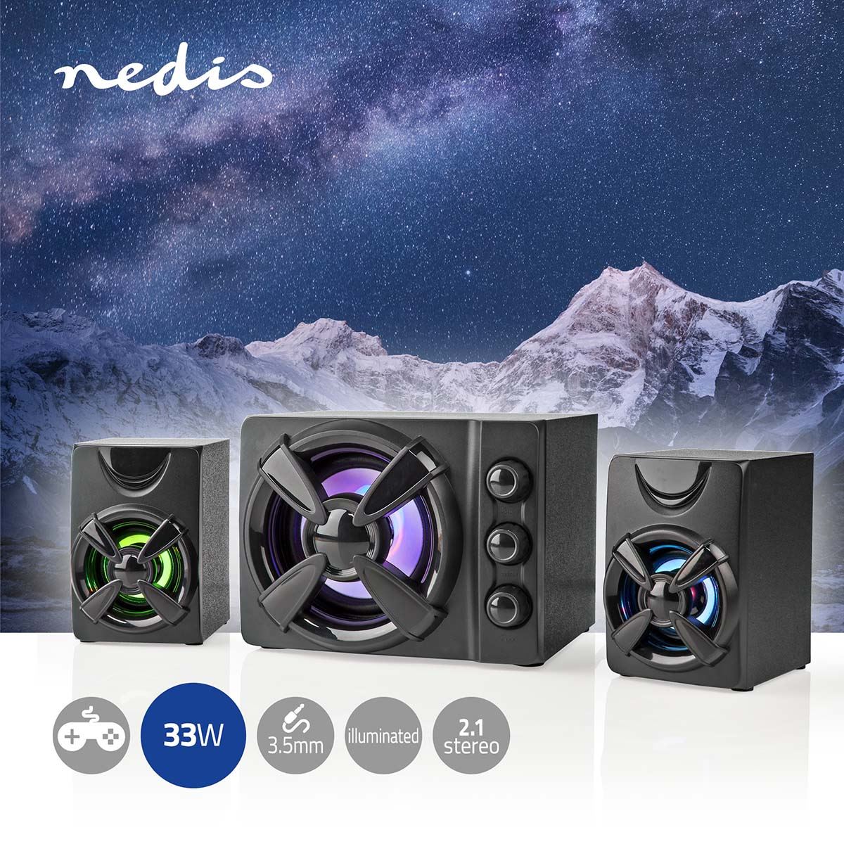 Nedis Gaming Speaker | Speaker channels: 2.1 | USB Powered | 3.5 mm Male | 33 W | LED | Volume control