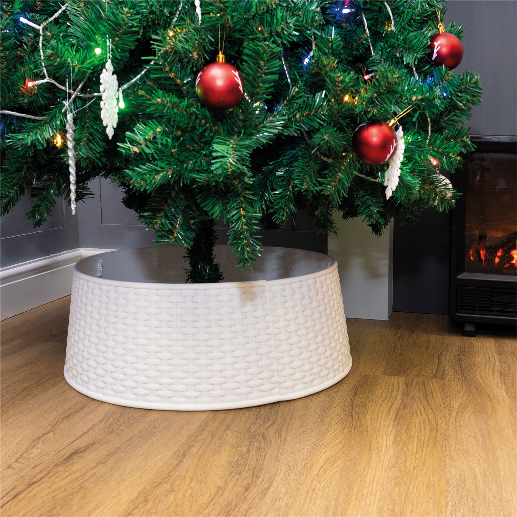 Rattan Effect Christmas Tree Skirt Easy Fold Stand Cover Base Decoration - White