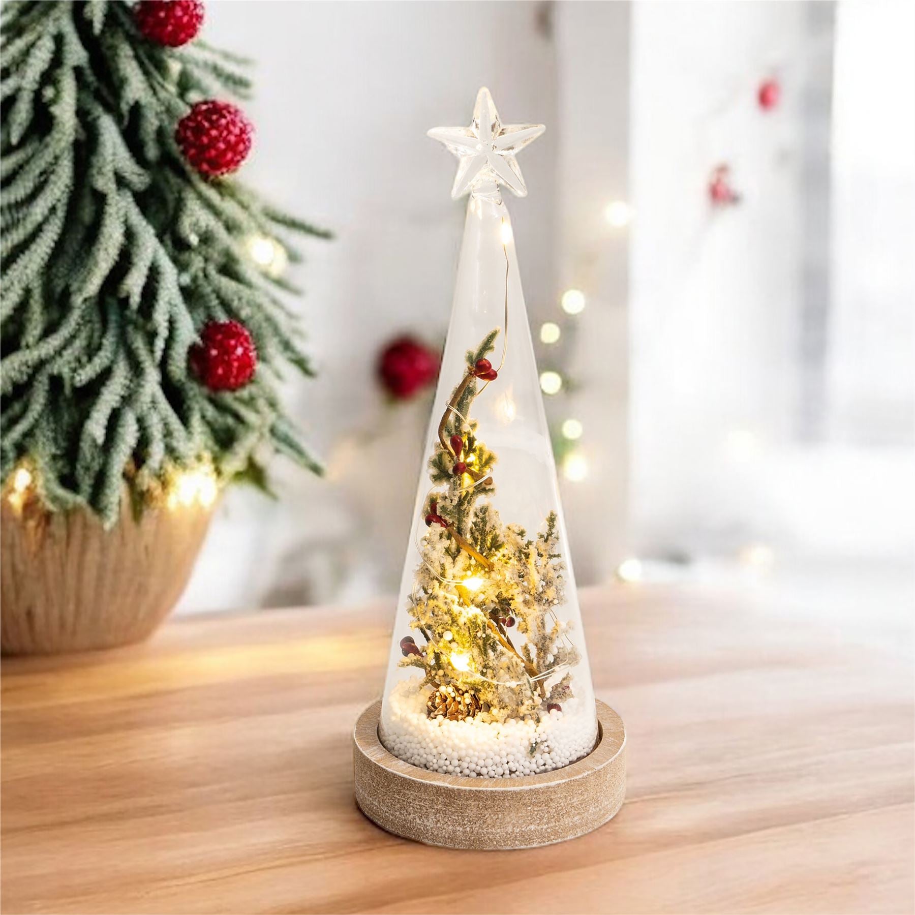 Table Top Glass Enclosed Christmas Scene Mistletoe and Berries Ornament Decoration with Wire LED Lights Battery Powered