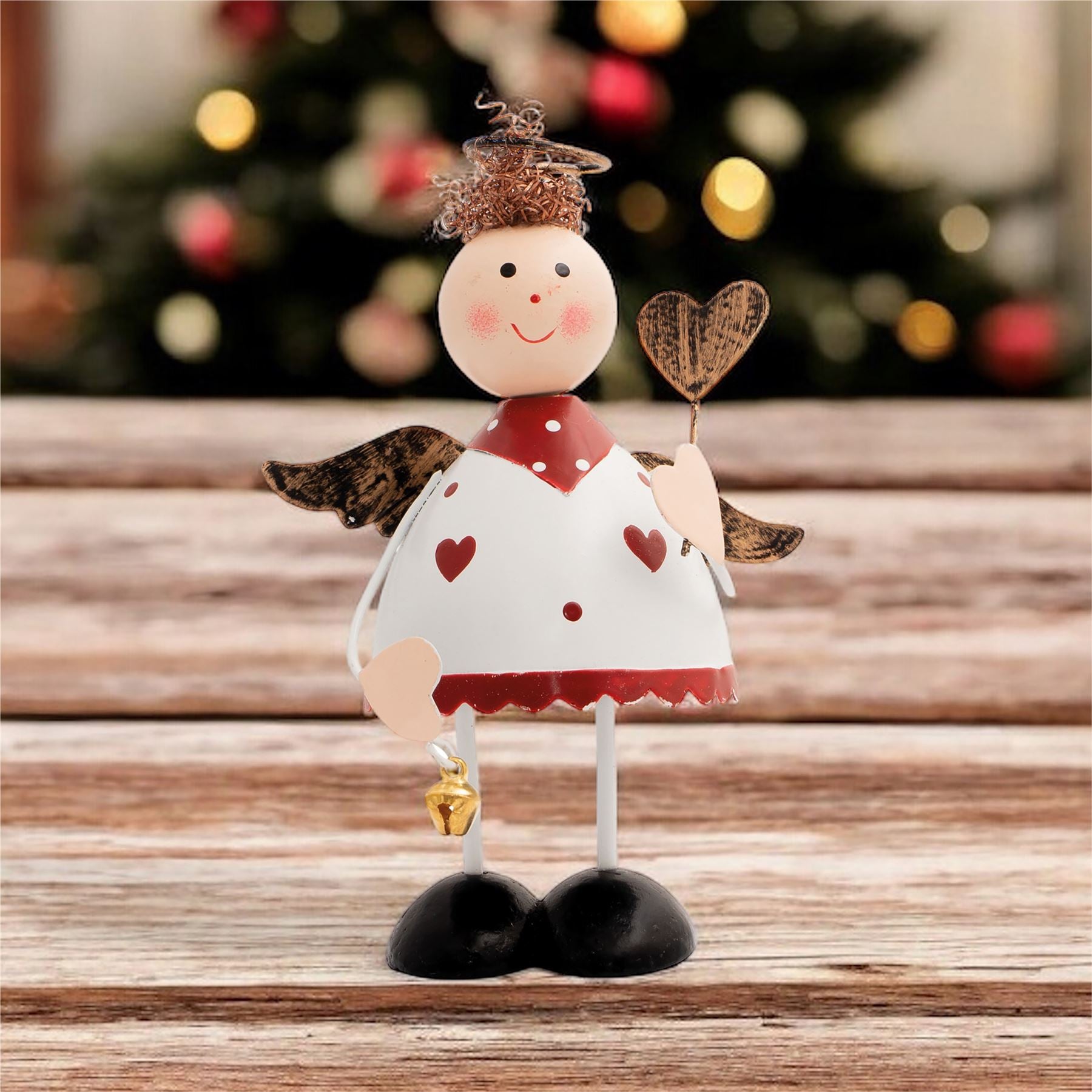 Standing Metal Christmas Angel Ornament Decoration with Wings Halo & Bell - White