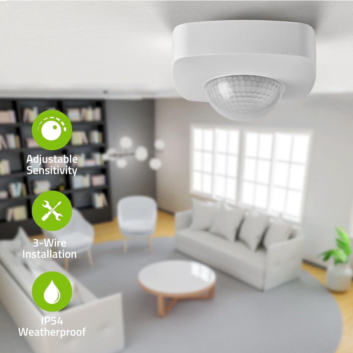 Nedis PIR Occupancy Motion Sensor Detector Light Switch, Ceiling Mount, 360 Degree 6m Range, Round, Square