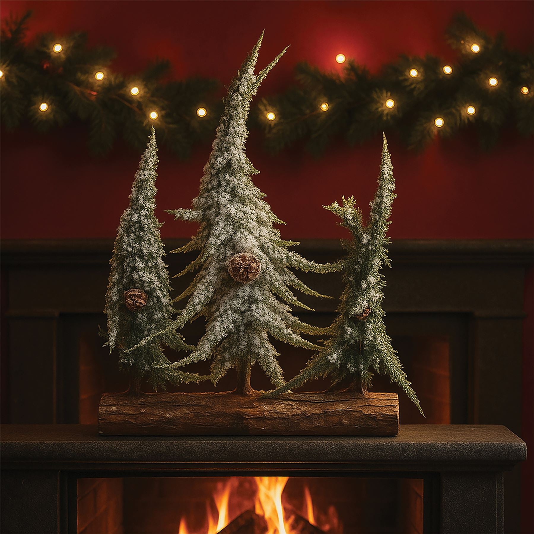 Decorative Snow Topped Effect Mini Christmas Tree Display on Log