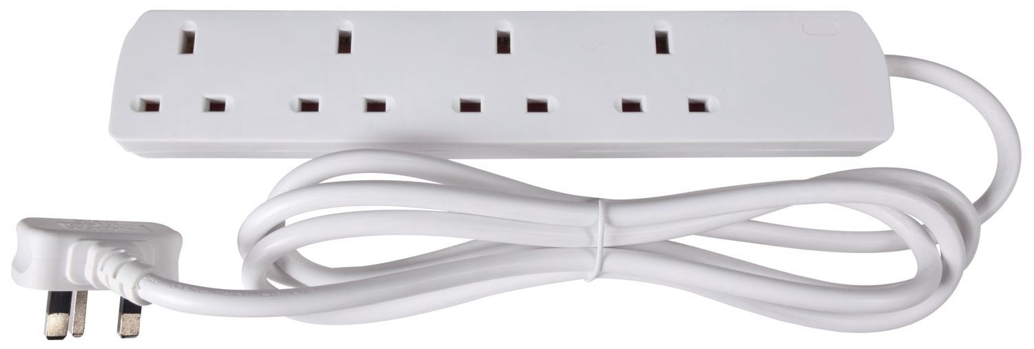 Mercury 4 Gang Extension Lead 2m Metre White UK 13 Amp Rated 4 Socket Extension Lead, 4 Way Power Strip, Wall Mountable Cable Extension for Home or Office use