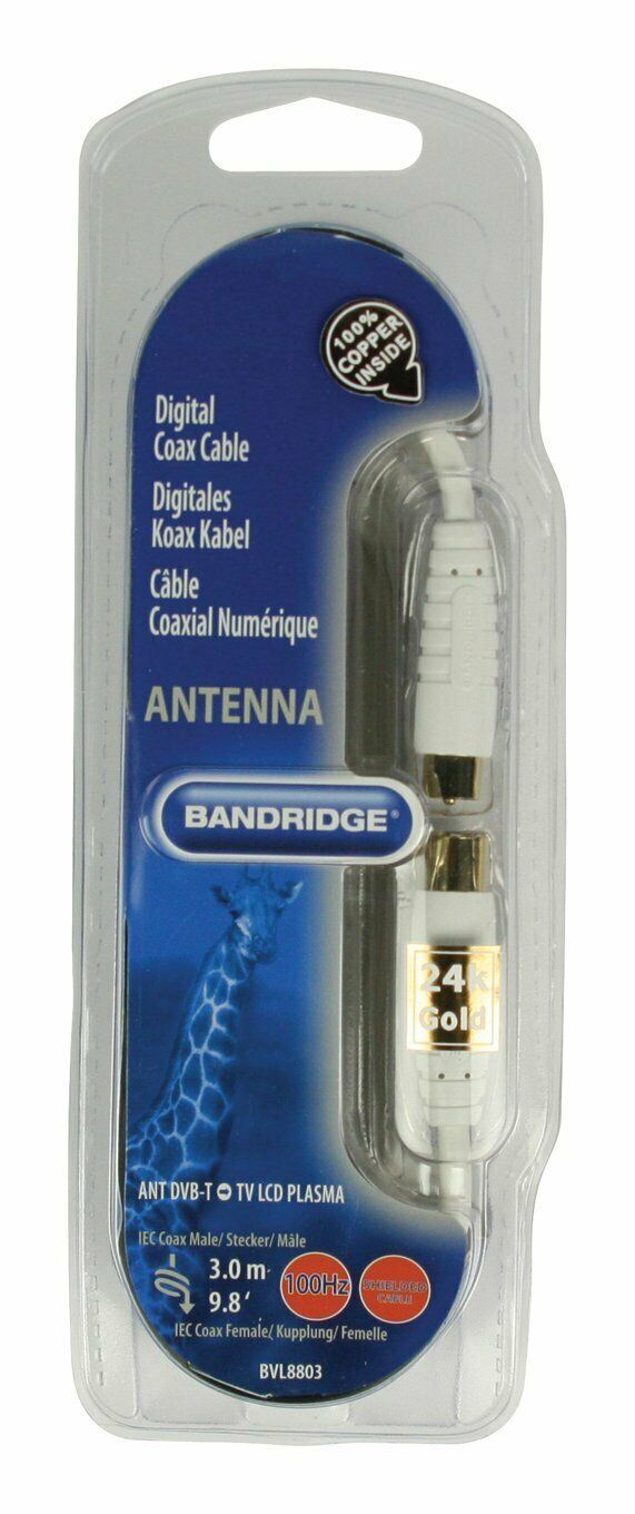 Bandridge 3m Digital TV Ariel Cable Lead Connector Male to Female - White