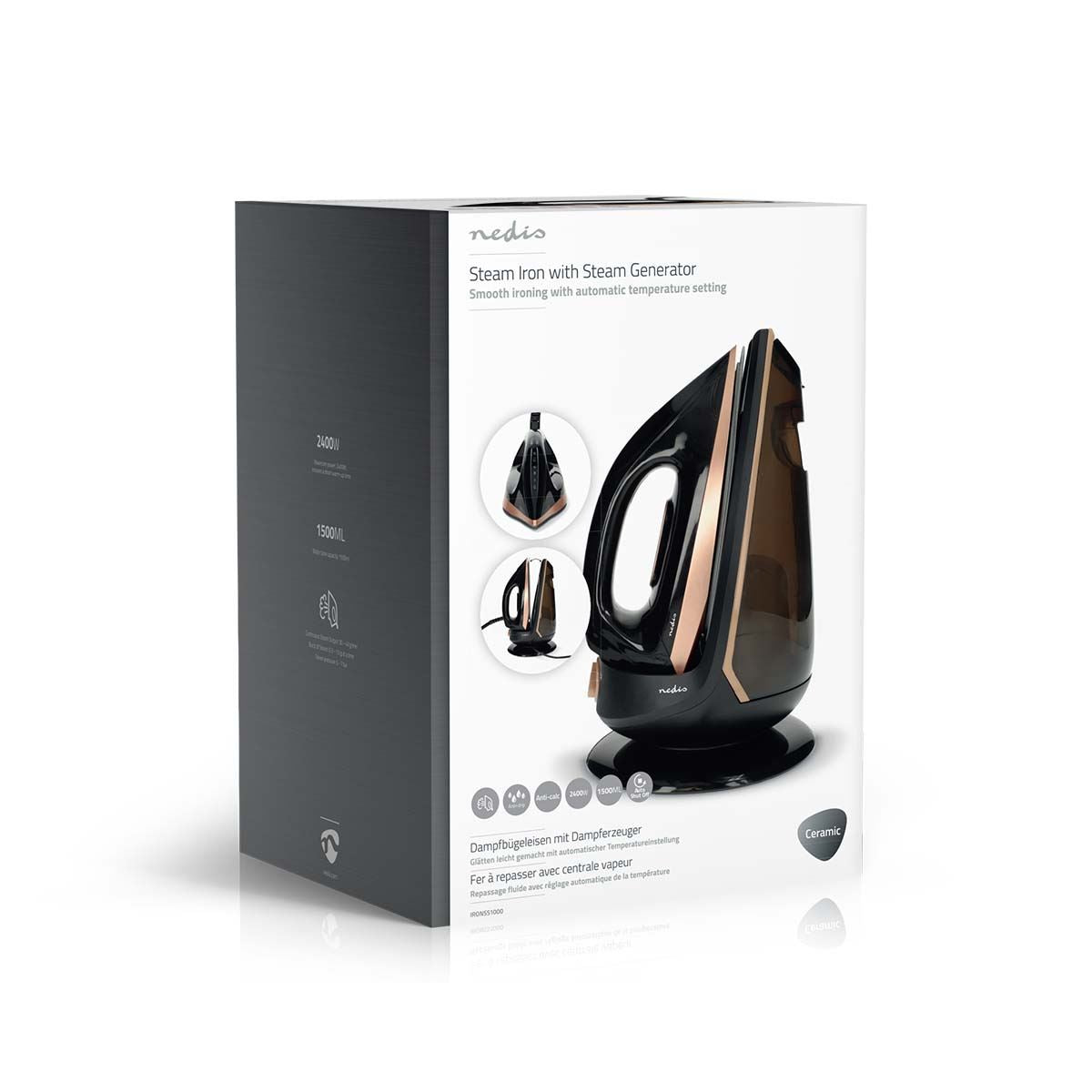 Nedis Steam Generator Iron 2400W, Powerful Fast Heating, Adjustable Steam Control, Vertical Steam Spray Function, 1500ml Connect Water Tank, Stainless Steel Soleplate - Rose Gold