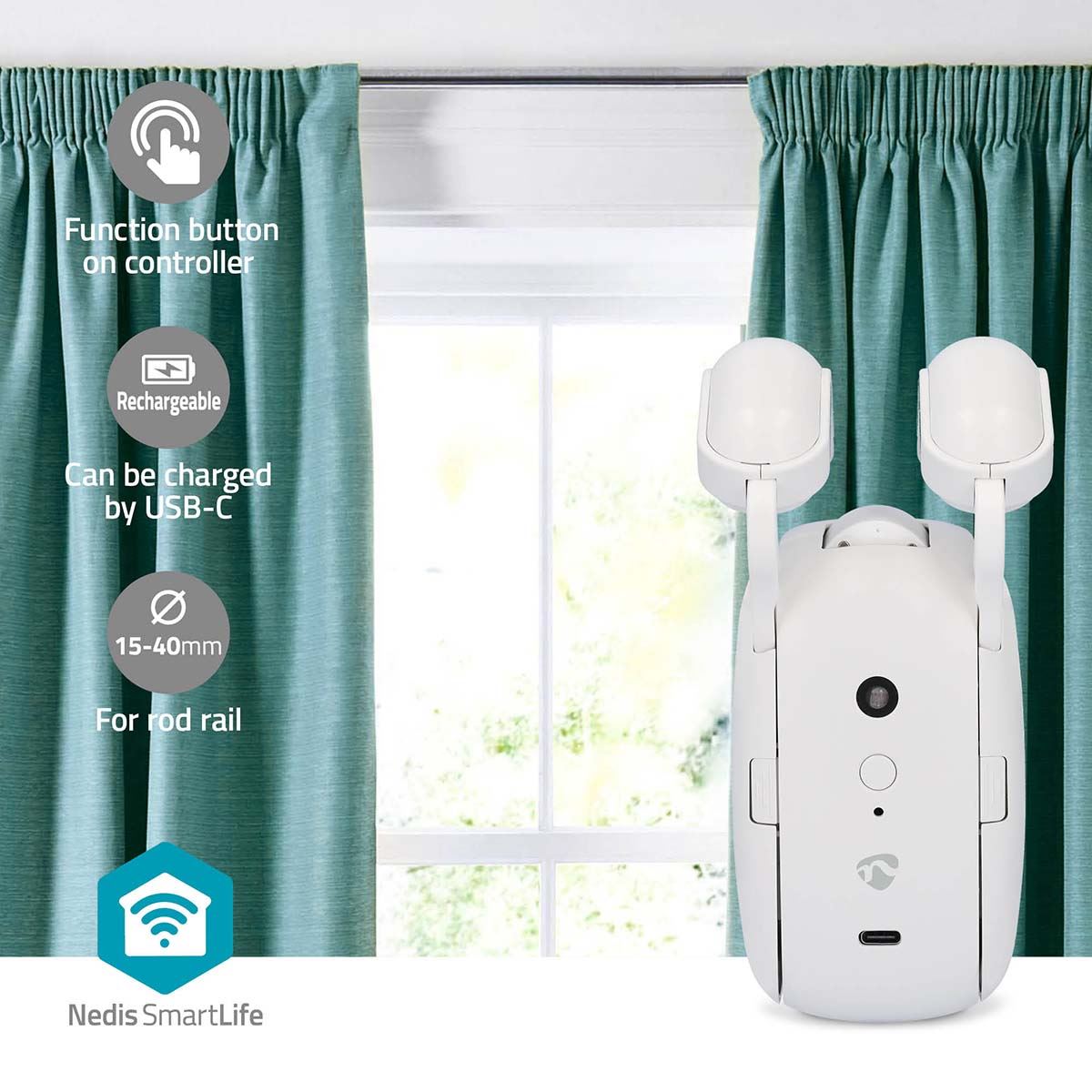 Nedis SmartLife Battery or USB Powered Automatic SmartLife Curtain Robot Opener Bluetooth Voice Control and Timer for Google Home and Alexa 4000 mAh - White