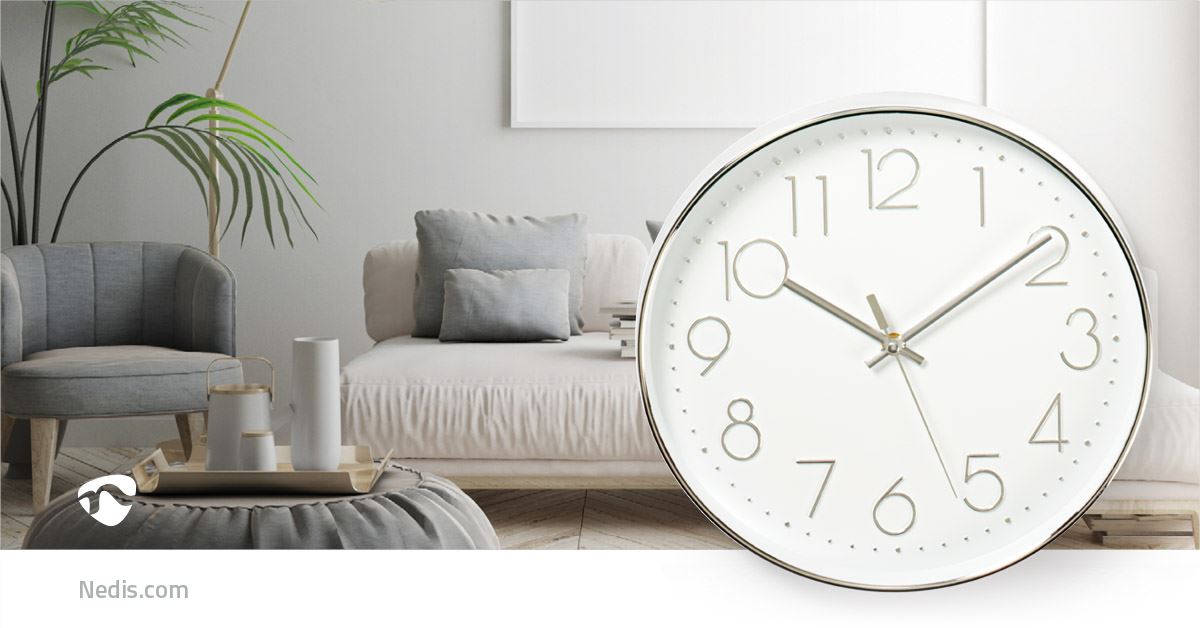 Nedis 30cm Wall Clock with Easy Read Numbers, Silent Movement, Battery Powered - Silver / White