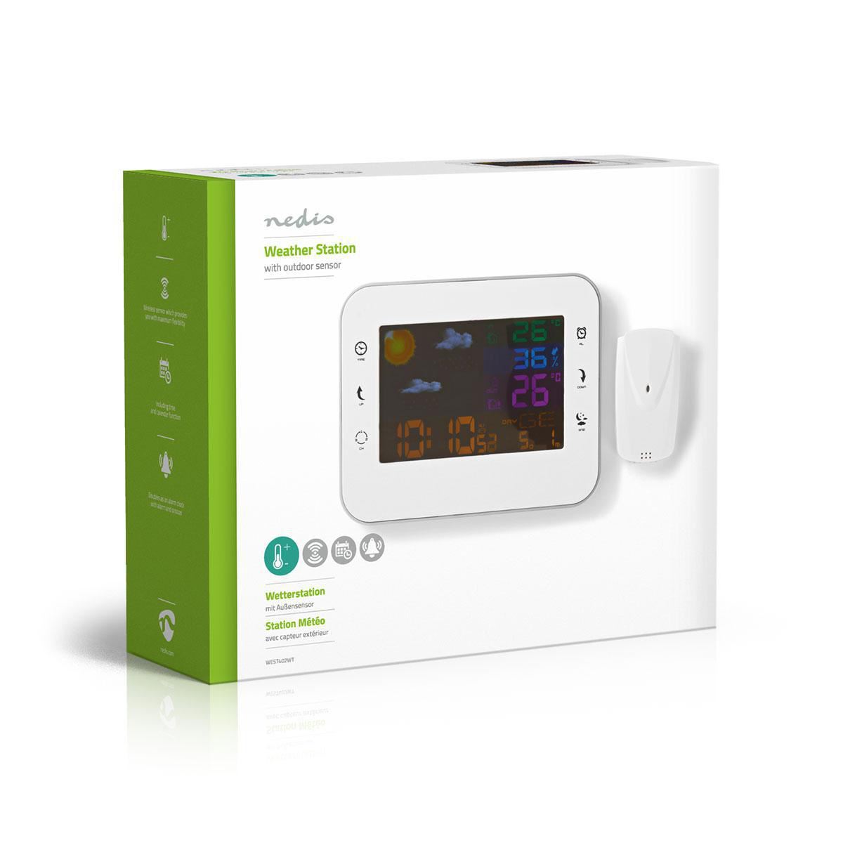 Nedis Weather Station | Indoor & Outdoor | Including wireless weather sensor | Weather forecast | Time display | Colour LCD Display | Alarm clock function