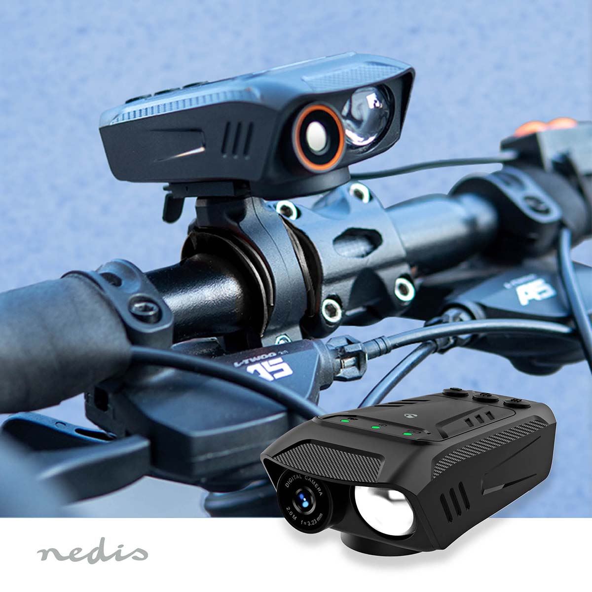 Nedis 3-in-1 Full HD Cycling Camera with Bike LED Head Light & Horn, 1080p 2MP, 600lm Night Mode, Waterproof, USB-C, 10hr Battery, MicroSD Slot � Black