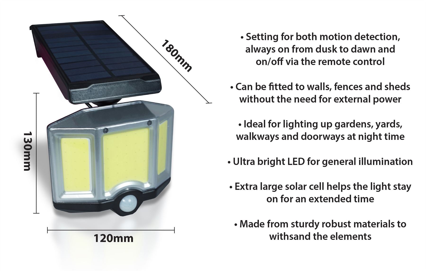LED Solar Security Wall Light with Remote Control, Dusk/Dawn Mode and PIR Motion Sensor