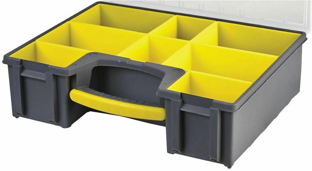 8 Compartment Grey / Yellow Organiser Deep Storage Case with Removable Trays - 420mm x 334mm x 115mm, Crafting, DIY etc.