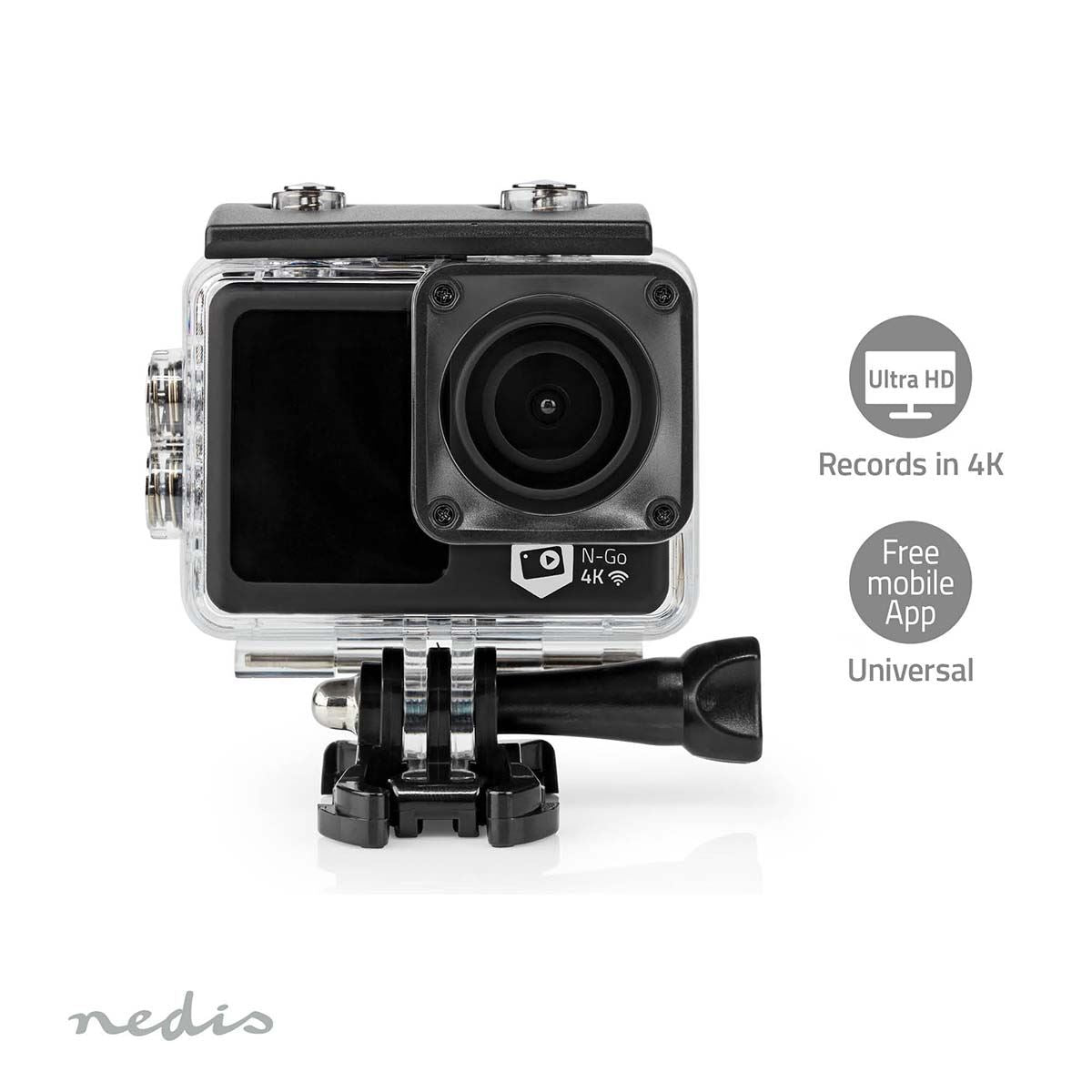 Nedis Dual Screen Action Cam, 4K Ultra HD 30fps, 16MP Photos, 2" Touch Back Screen, 1.3" Front Screen for Selfies & Vlogging, Waterproof to 30m with Mounting Kit and Wi-Fi Connectivity