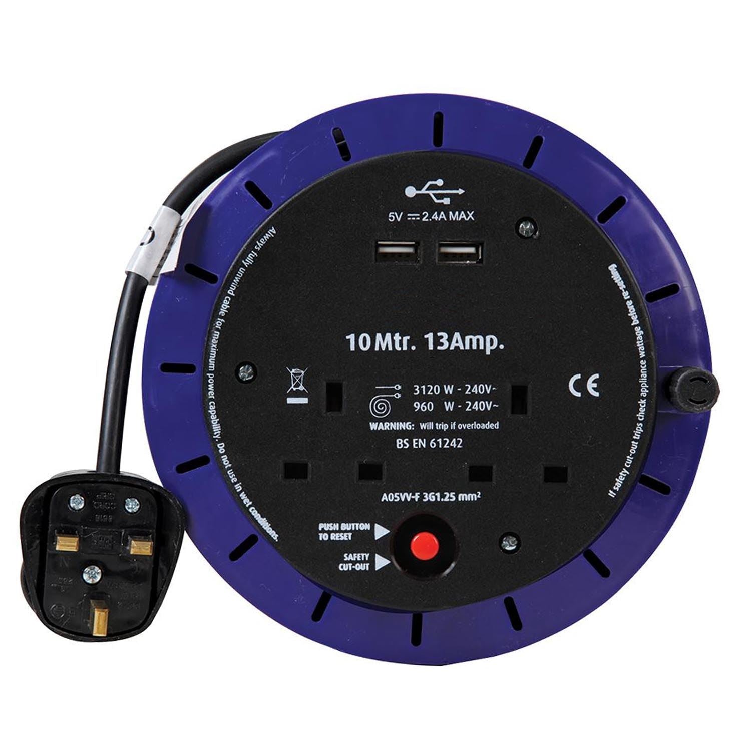 2 Gang 10m Mains Extension Socket Lead Cassette Reel with USB, 13A
