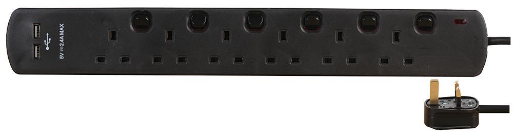 6 Gang 2m Mains Extension Lead Socket Individually Switched 13A with USB Ports - Black