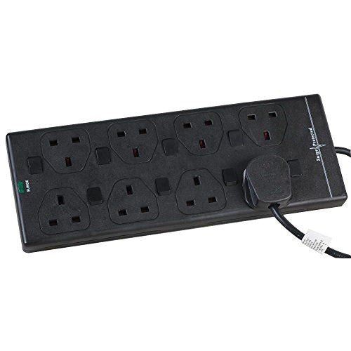8 Gang 10m Mains Extension Lead Socket Individually Switched 13A with Surge Potection - Black