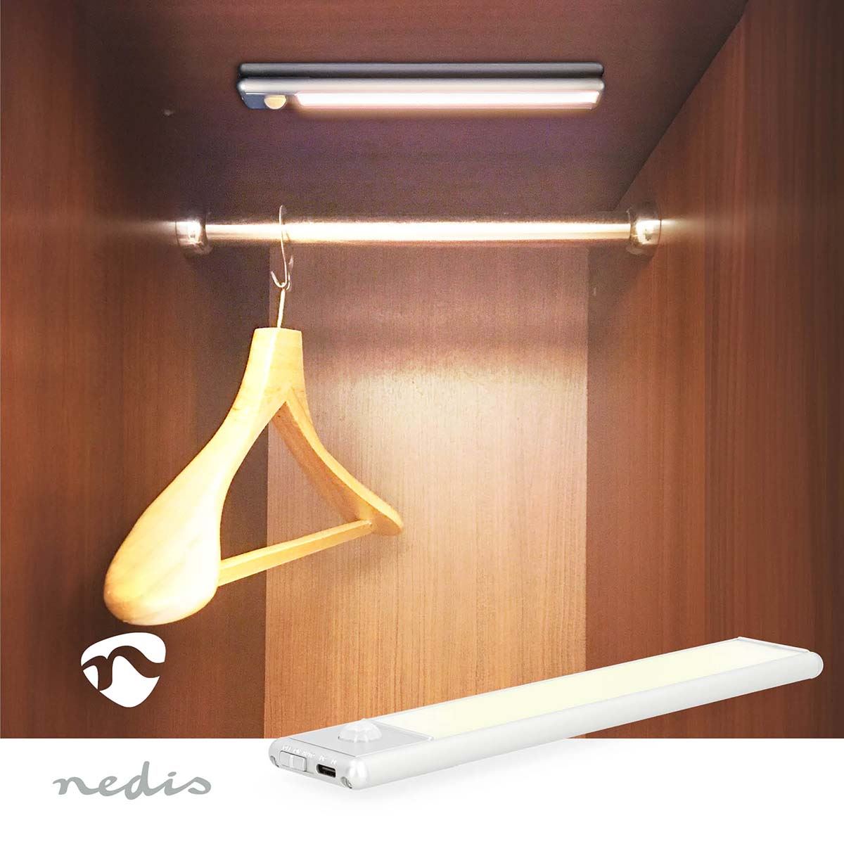 Nedis Rechargeable USB Type-C LED Cabinet Light with Motion Sensor, Warm White 3000K, Easy Install with Magnet Strips and Tape, Battery Powered