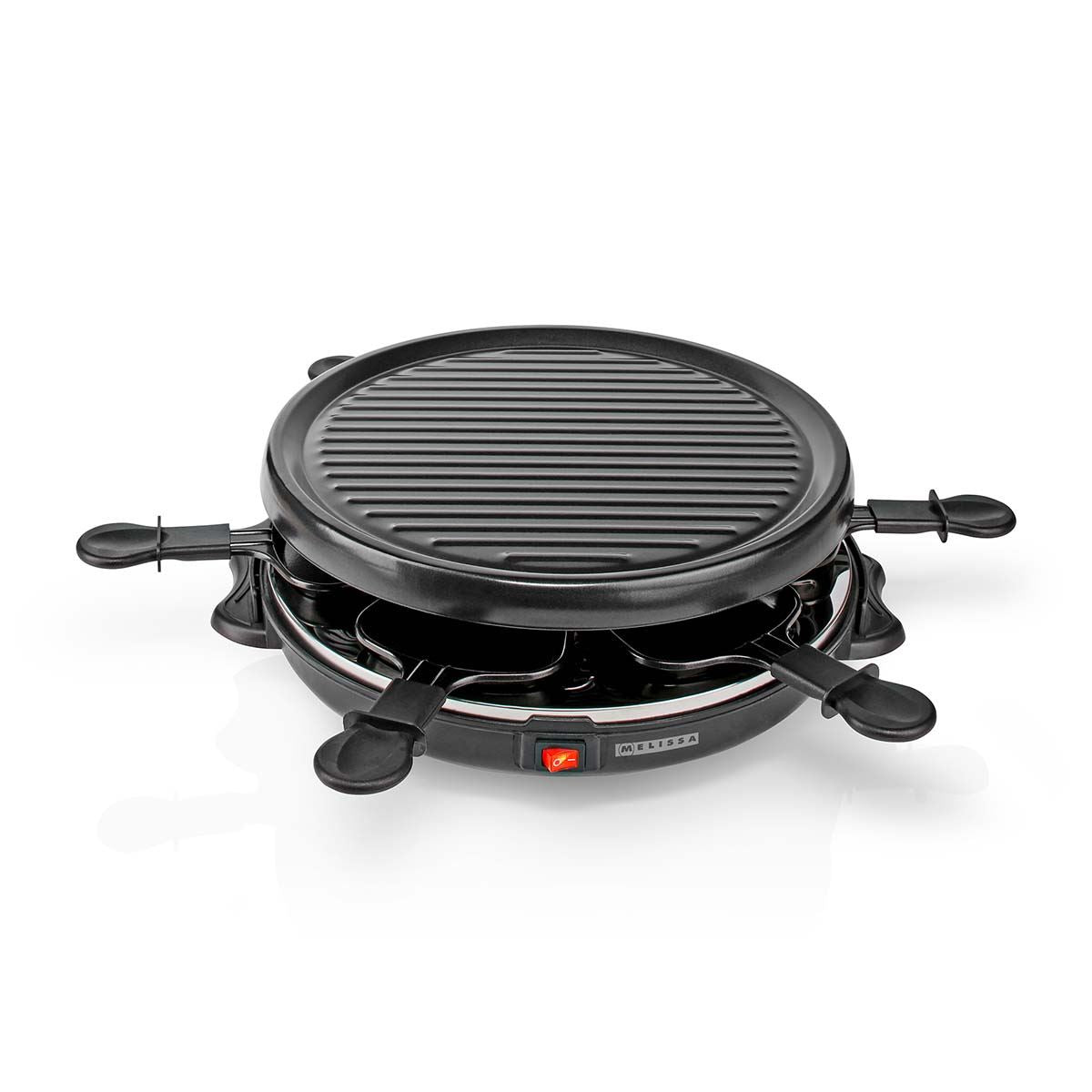MELISSA Electric Raclette Gourmet Grill, 6 Person Indoor Non-Stick Tabletop Cooker, Removable Round Hot Plate, with 6 x Mini Cheese Pans & Spatulas, 800W