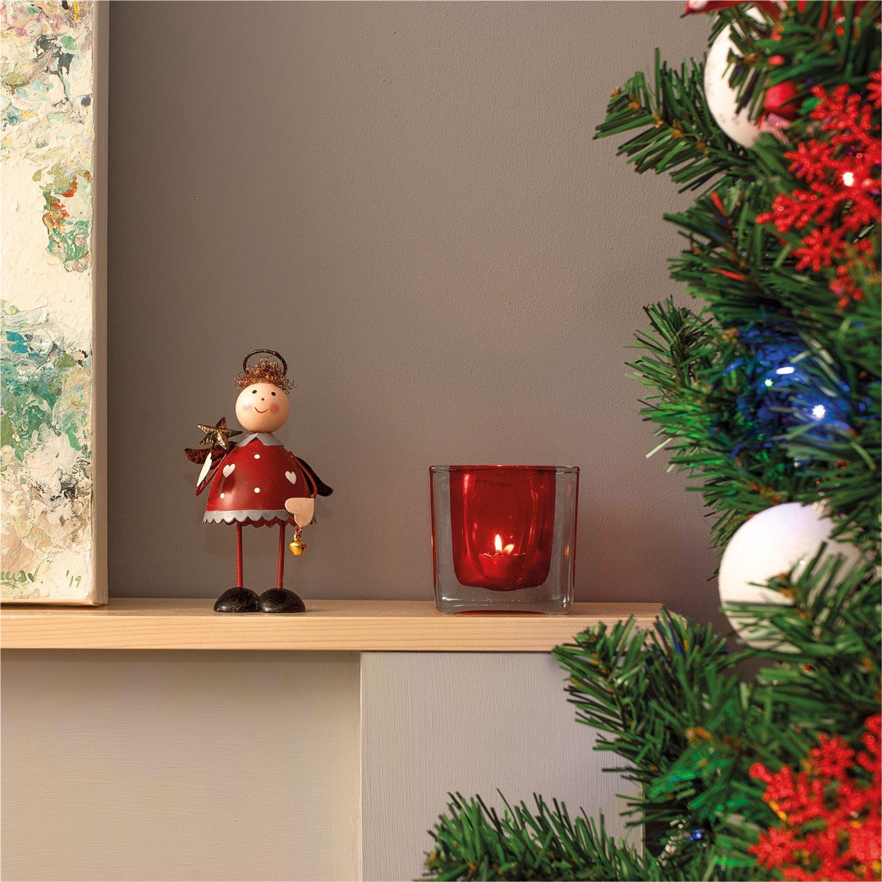 Standing Metal Christmas Angel Ornament Decoration with Wings Halo & Bell - Red