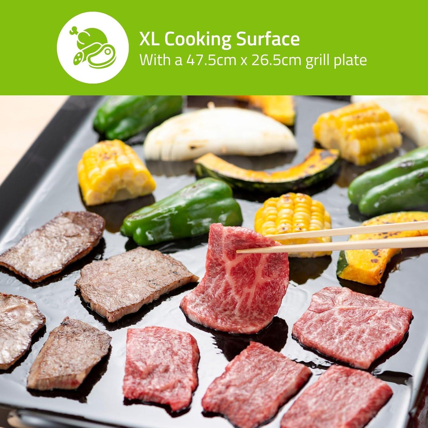 MELISSA lectric Teppanyaki Grill Plate, Large Non-Stick Table Top Griddle with 47.5cm x 26.5cm Hot Plate, Adjustable Temperature Control and Drip Tray, 2000W - Black