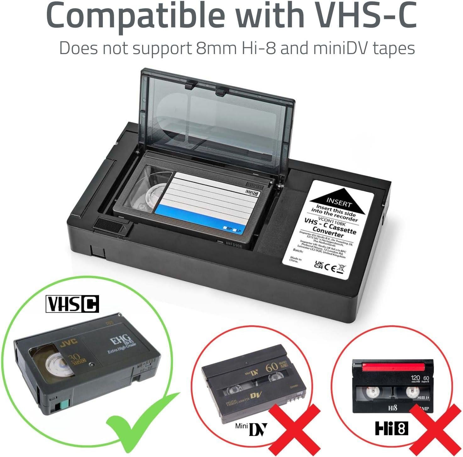 Nedis VHS-C to VHS Cassette Adapter (Converts Video Camcorder Tapes to VHS Video)