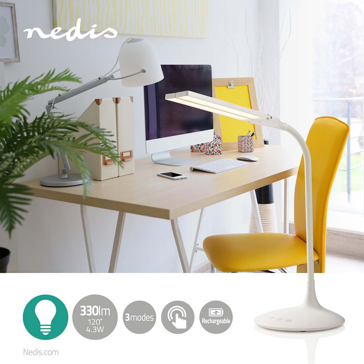NEDIS Dimmable LED Table Lamp with Touch control and 3 Light modes, Rechargeable battery, 280 lm