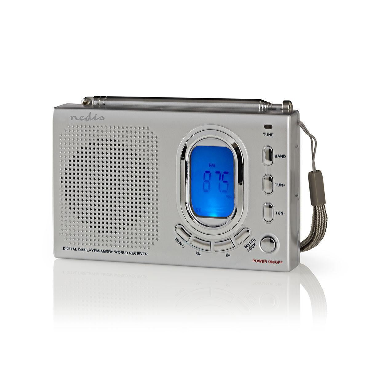 Nedis World Receiver Radio | Portable Design | AM / FM / SW | Battery Powered / Mains Powered | Digital | 1.5 W | Headphone output | Alarm clock | Sleep timer | Grey