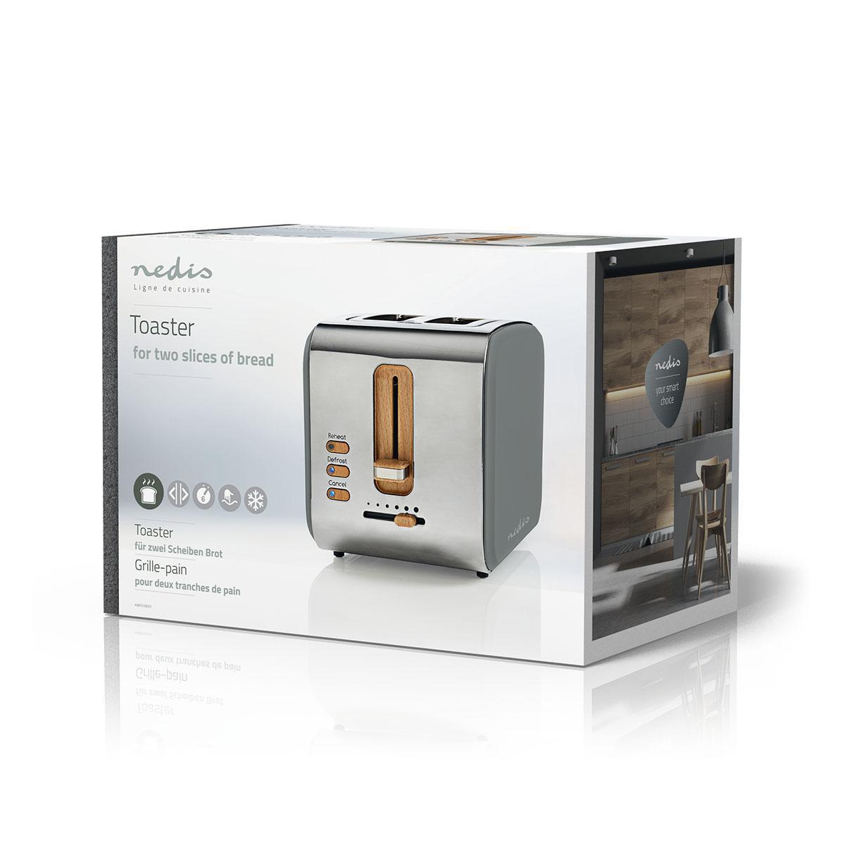 Nedis Soft Touch Toaster with 2 Wide Slots for Toast, Bagels or Muffins, 6 Toasting Settings, Reheat, Defrost and Cancel Functions, Grey