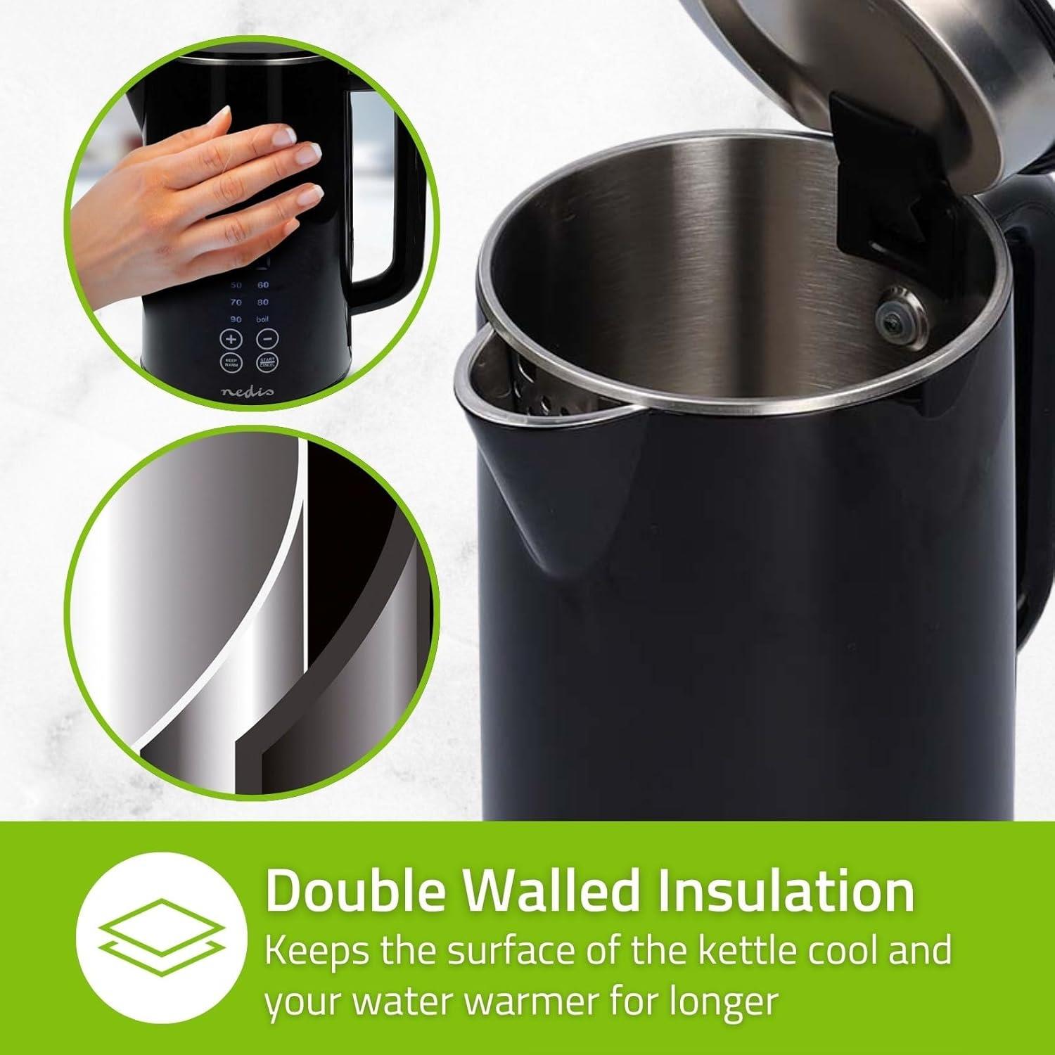 Nedis Electric Kettle 1.7L, Digital Temp Control 50-100oC, Keep Warm Function, 360 Degree Cordless Base, Black