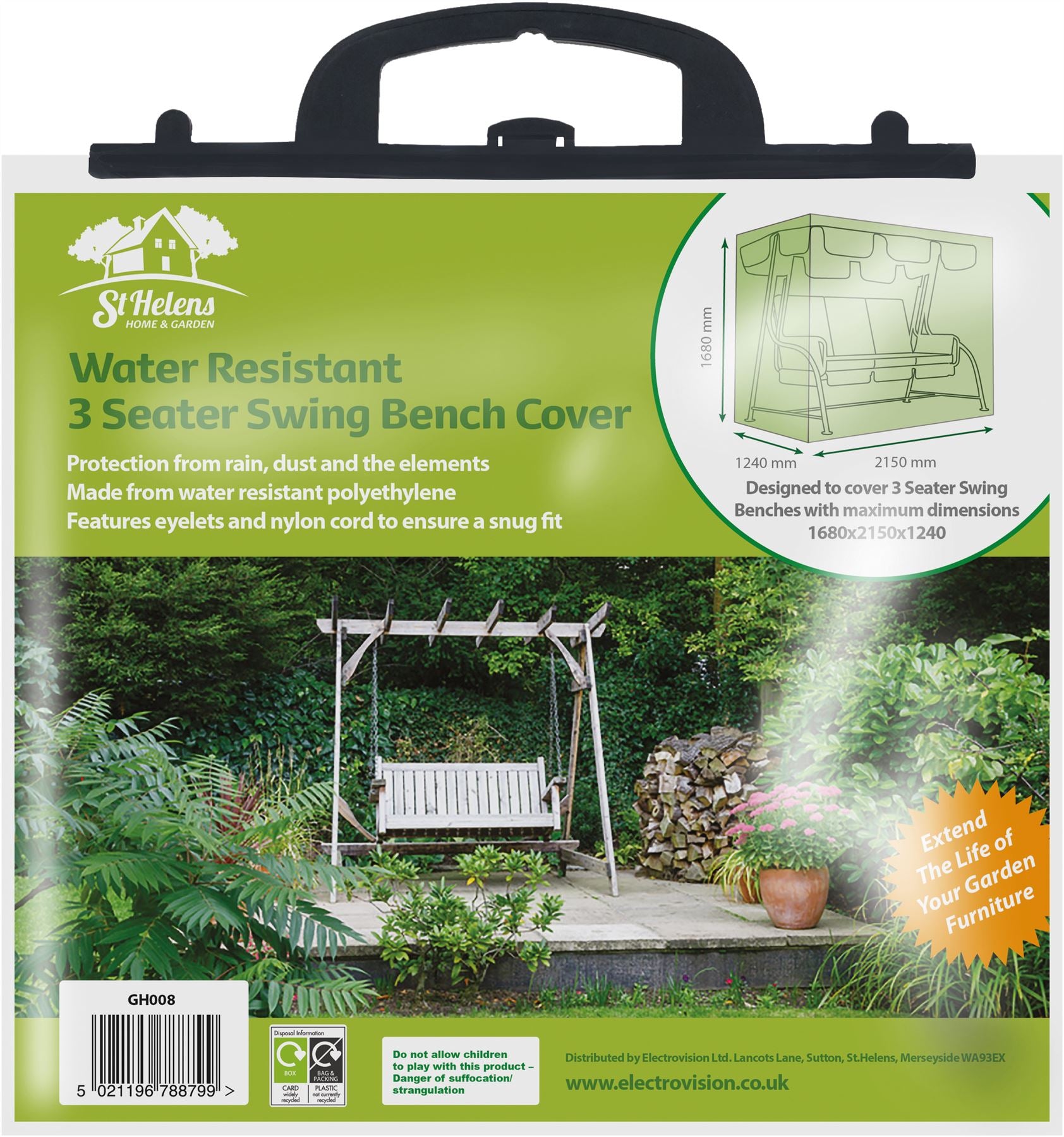 Water Resistant 3 Seater Swing Bench Cover H: 1680mm W: 2150mm D: 1240mm