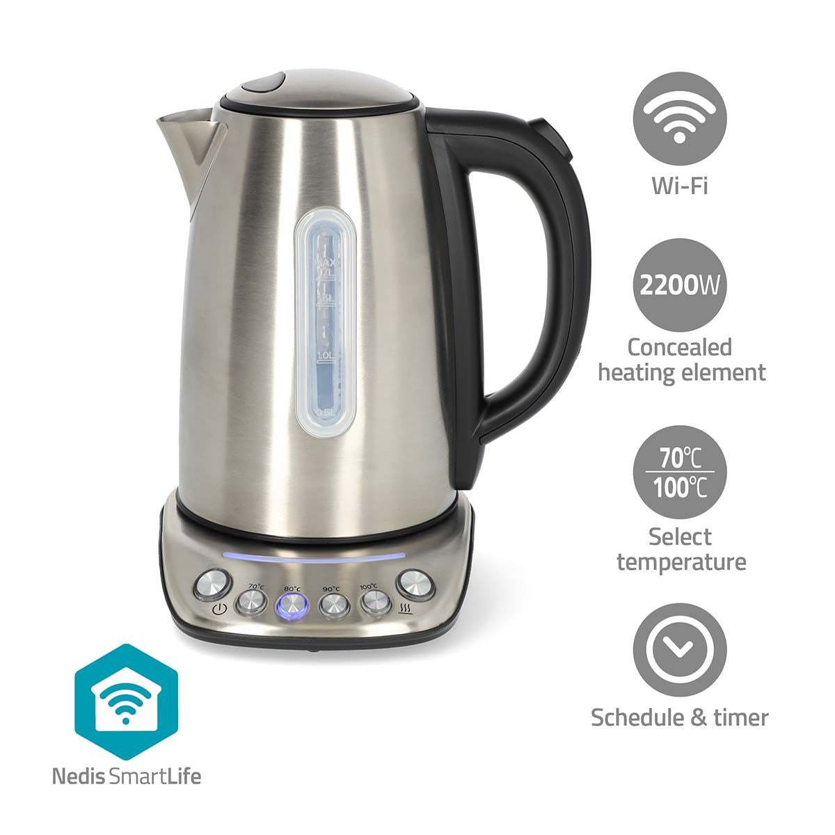 Nedis Smart Wi-Fi Kettle, 1.7L Stainless Steel, Variable Temperature 70-100oC, 2200W, App& Voice Control, Compatible with Alexa & Google