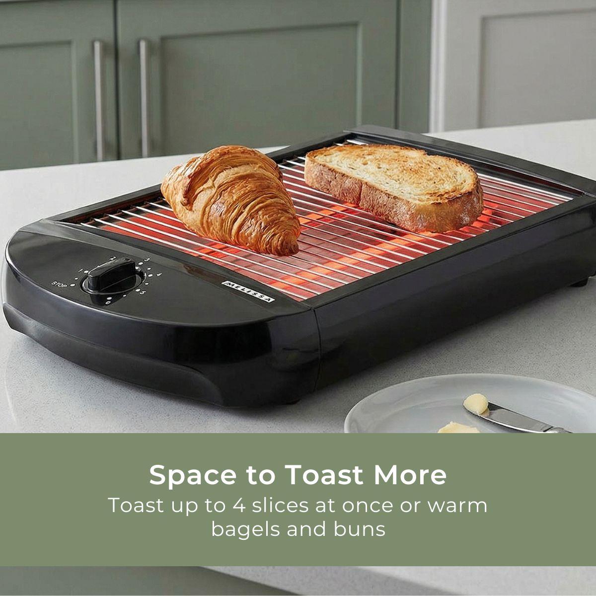 MELISSA Flat Toaster all types of Bread / Baked Goods, 600W, Timer with 6 Toast Levels, Buzzer and Crumb Tray - Black
