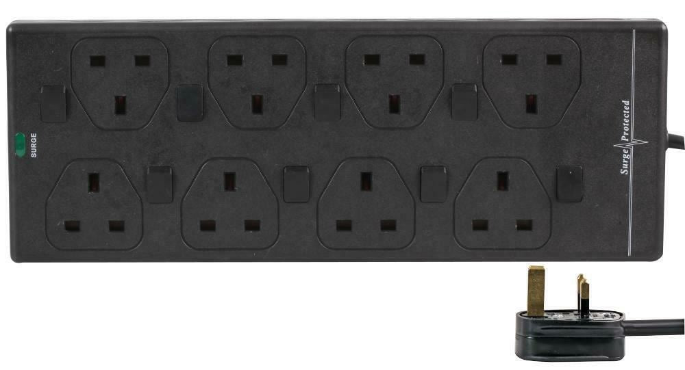 8 Gang 2m Mains Extension Lead Socket Individually Switched 13A with Surge Potection - Black