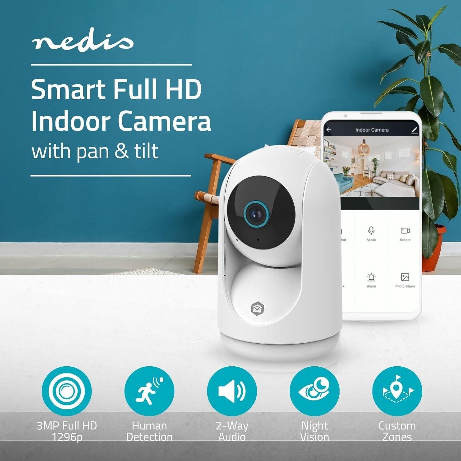Nedis SmartLife Indoor Camera | 3MP Full HD 1296p | Pan tilt | Cloud Storage (optional) / microSD (not included) | With motion sensor | Night vision | White