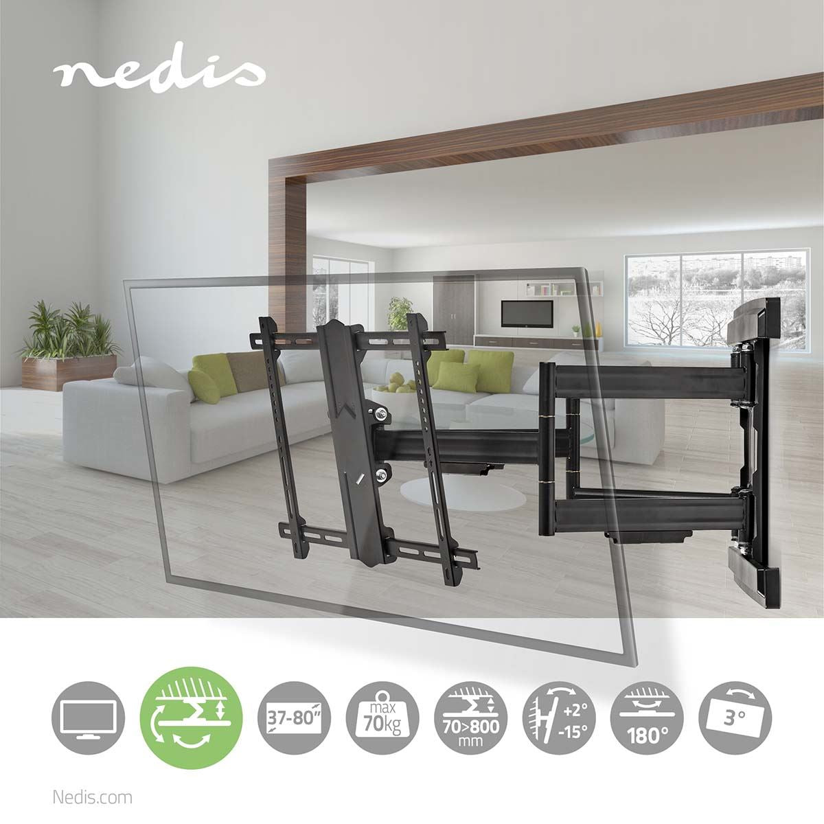 Nedis Full Motion TV Wall Mount | 37 - 80 " | Maximum supported screen weight: 70 kg | Tiltable | Rotatable | Minimum wall distance: 70 mm | Maximum wall distance: 800 mm | 6 Pivot point(s) | Steel | Black