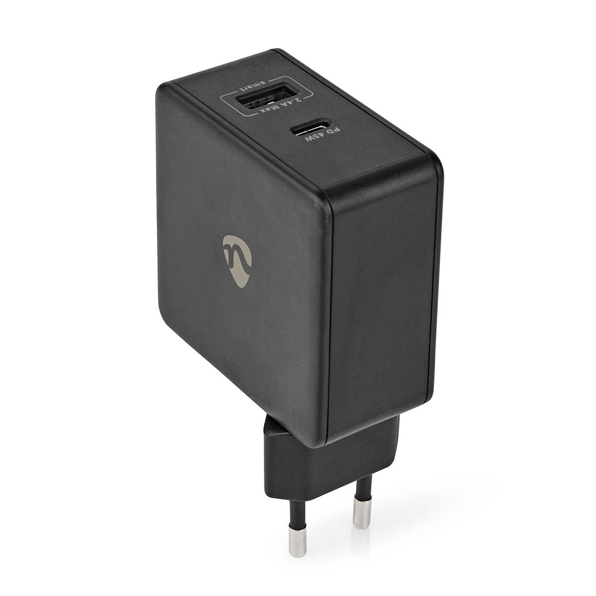 Nedis EU Euro Travel Wall Charger | 57 W | PD3.0 45W | Quick charge feature | 2.25 / 2.4 / 3.0 A | Number of outputs: 2 | USB-A / USB-C™ | No Cable Included | Automatic Voltage Selection | Black
