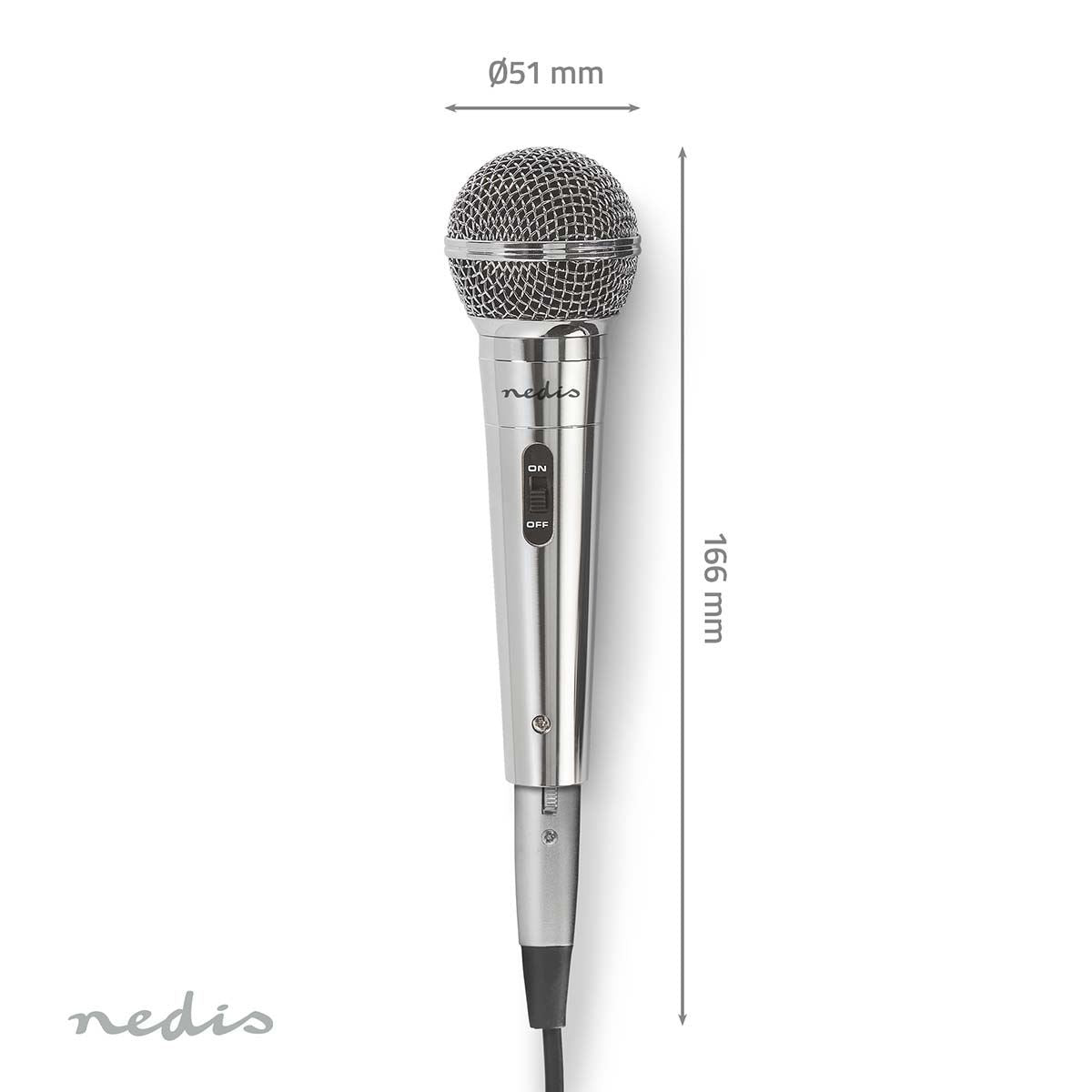 Nedis Uni-Directional Wired 6.5mmm Dynamic Microphone, On/Off, sensitivity 72dB +/- 3dB, 80Hz-13kHz, Wired 5m - Metal Silver