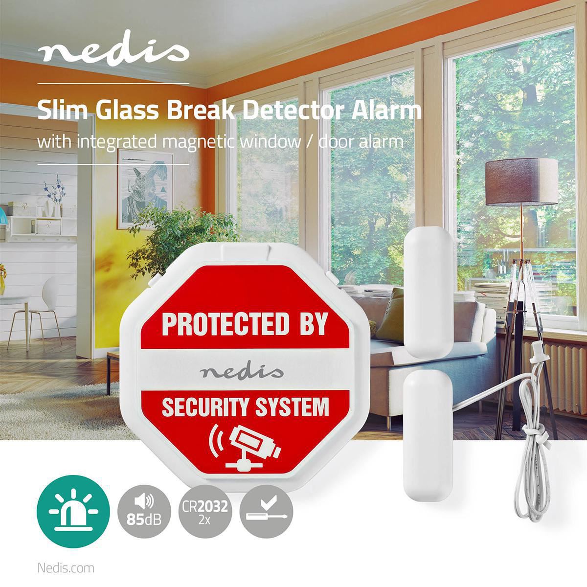 Nedis Ultra Thin Glass Break Vibration Shock Sensor Detector with 85dB Alarm & 2x Magnetic Sensors for Window Door Home Security - White