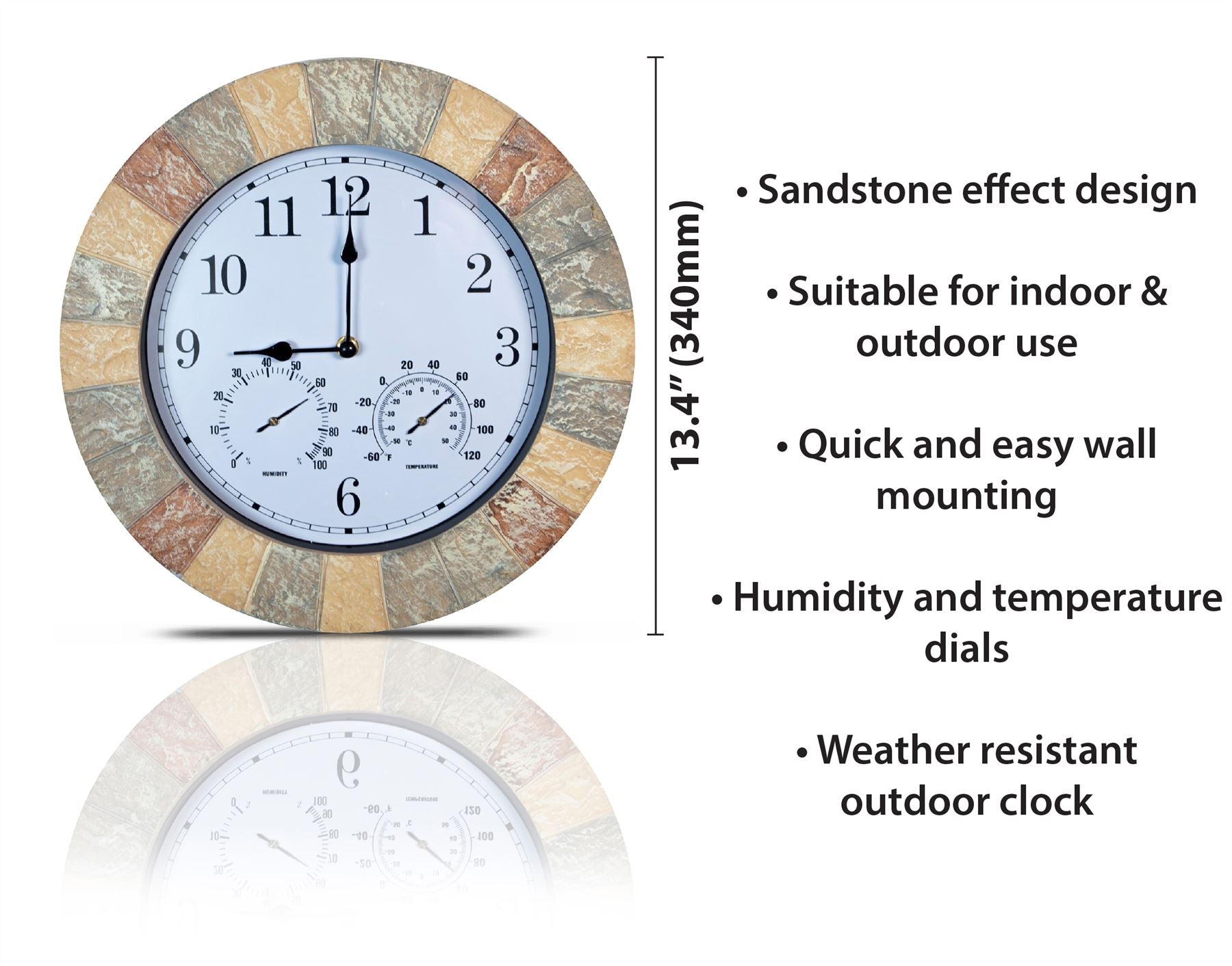 Sandstone Slate Stone Effect 13" Outdoor Indoor Wall Clock with Thermometer & Hygrometer