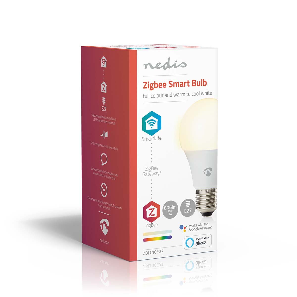 Nedis SmartLife Full Colour LED Bulb E27 Zigbee, Control Colour & Brightness with SmartLife App, Voice Control via Alexa & Google Home, Timer Function